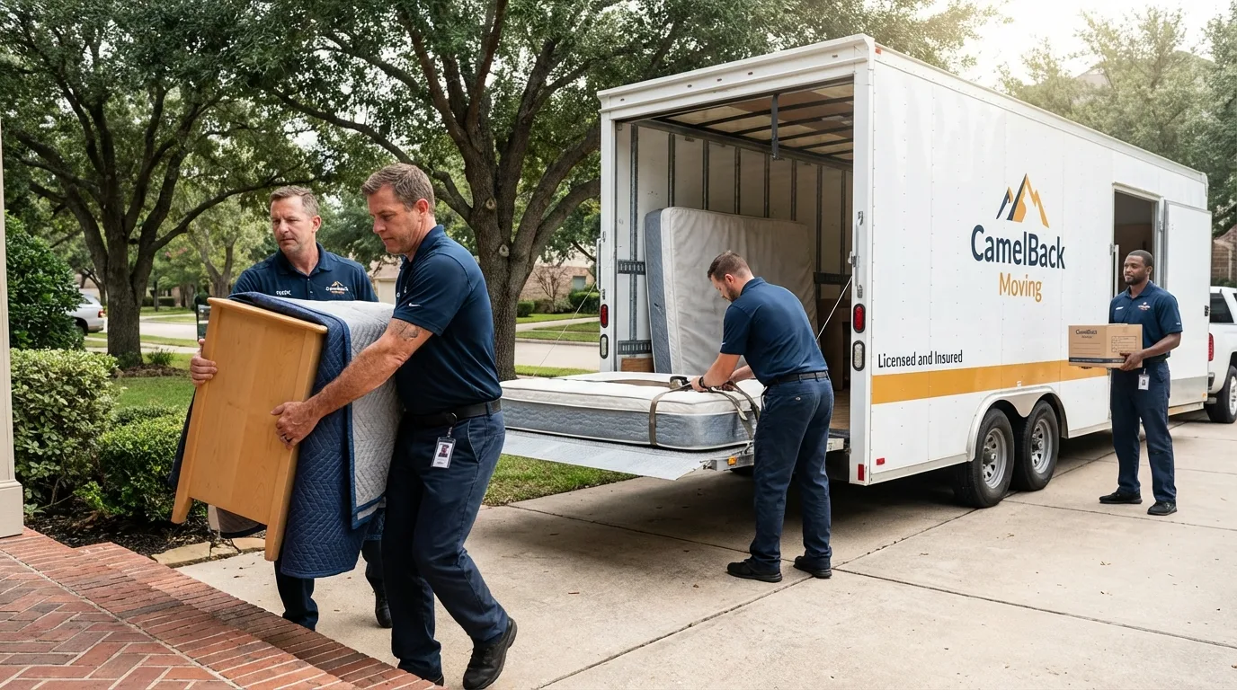 Crew loading residential truck for cross-state move from Belle Rose, LA
