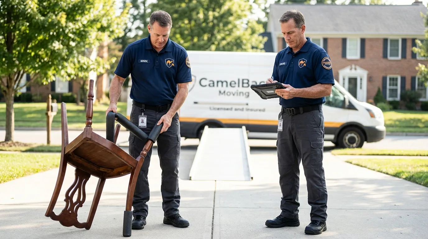 Movers inspecting furniture for damage prevention before loading in Belle Rose, LA