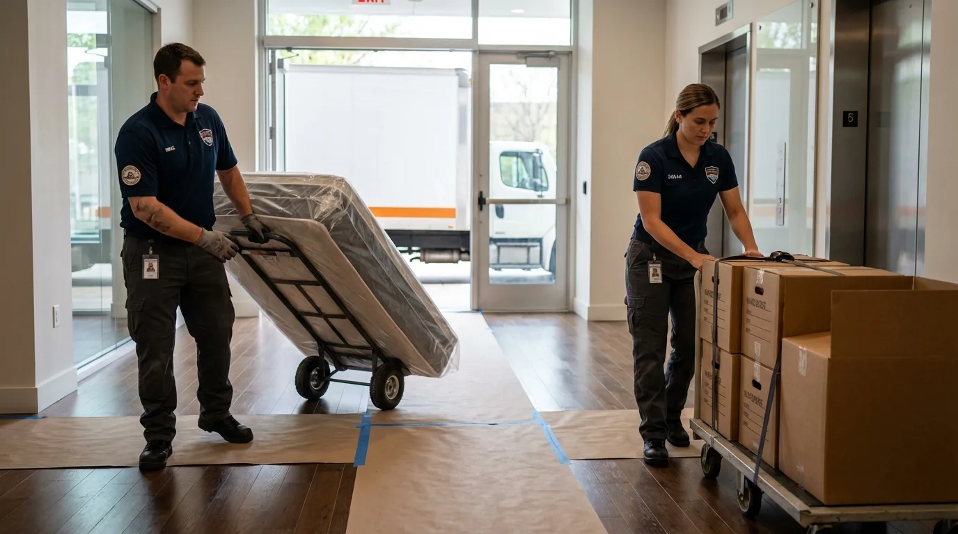 Professional apartment movers loading elevator in Belle Rose, LA